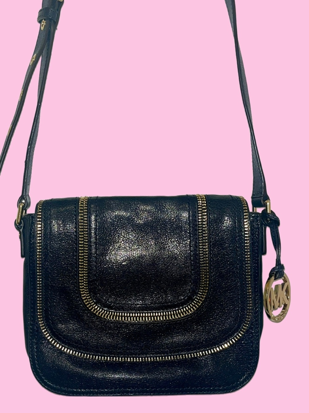 Michael Kors Black Patent  Leather Crossbody with Gold Hardware Accent